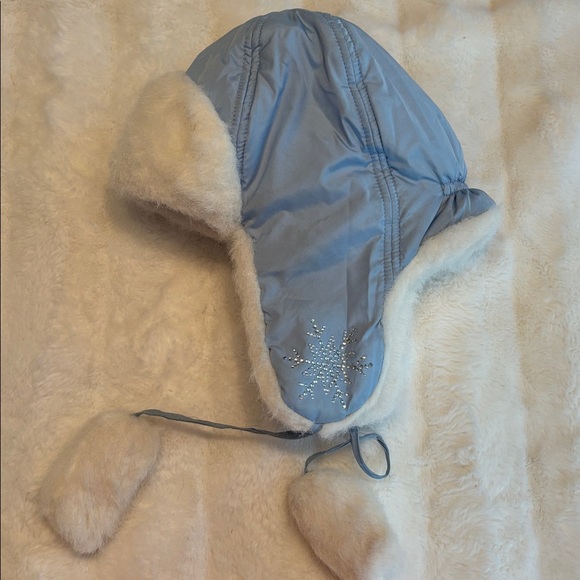 Girls Faux Fur Fleece Lined Winter Hat with Ear Flaps Blue Crystals - Picture 3 of 5